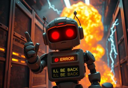 cinematic, dynamic light, cute civibot, cute bot, descending in lava, one thumbs up, fatal error, confused face, dazed face, danger sing as eyes, danger, fire, explosion, malfunction, electric sparks, server room exploding, server room in flame, server room with electric, storm led chestplate says "I'LL BE BACK"