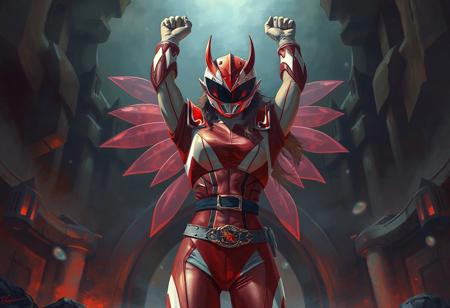 An epic fantasy illustration painting of a Mystical Fairy Elfuria centered, arms triumphantly raised, set against a brooding, artistically rendered Mimighoul Dungeon background. The vibrant red and white Power Ranger armor is depicted with expressive, sharp lines and brush strokes, emphasizing its iconic design and a detailed black belt with gold buckle. The composition is impeccable, using harmonious and multi-colored palettes that make the subject pop against the attractive, slightly stylized dungeon environment. The pose radiates vivid emotions and joyful impact. Handcrafted with Precision, High Quality, Stunning Colors, Impeccable Composition, Creative Angle, Attractive Background, Artstation Trending on ArtstationHQ, CGSociety, Beautiful Matte Painting.
