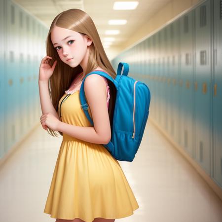 A teenage girl wearing a sundress making the LOSER L shape with her hand on her forehead, high school hallway, lockers, students, backpacks, books,  popularity contest, mean girls