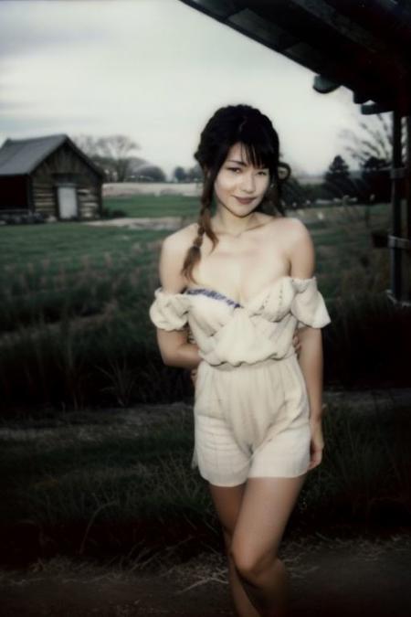 An 18-year-old young Korean woman, <lora:pornpolaroidphoto_V2:0.8> braided hair ,dressed in Off-Shoulder Sundress, standing in a rustic farm setting. She has a soft, gentle smile, expressive eyes and sexy cleavage. The background features a charming barn, fields of golden wheat, and a clear blue sky. The composition should be bathed in the warm, golden hour light, with a gentle depth of field and soft bokeh to accentuate the pastoral serenity. looking at viewer, Polaroid SX-70,pornpolaroidphoto style