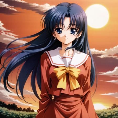 masterpiece, highest quality, high quality, sharp, detailed, scan,
amasawa ikumi, 1girl, solo, blue hair, long hair, background, letterboxed, red jacket, blue eyes, smile, long sleeves, jacket, upper body, (retro artstyle:0), yellow hairclip,
evening, orange sky, red sky, sunset, dusk, twilight, 1girl, cloud, sun, solo, sky, gradient sky, school uniform, long hair, blue hair, fire, skirt, yellow sky, long sleeves, bow, blue eyes, wind, outdoors, ocean, red moon, horizon, cloudy sky, power lines, utility pole