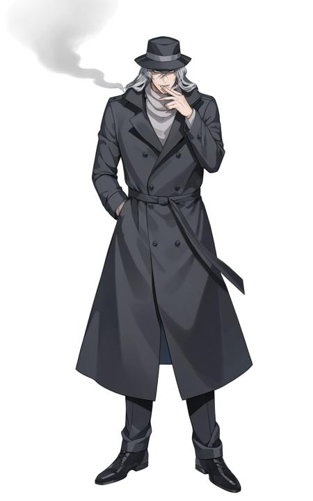  qinjiu, 1boy, solo, male focus, hat, long hair, black trench coat, 