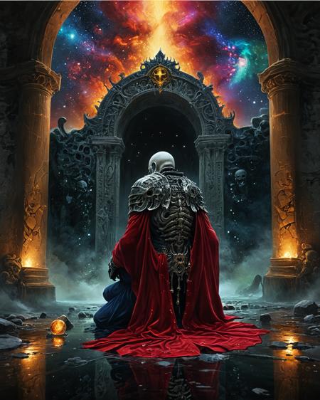 lich wearing a crown kneeling facing away from camera before a marble crypt wearing a velvet robe, shiny metal jewelry, water, reflections, blood, realistic photo, hard science fiction, deepest black space, stars, colorful nebula, glowing runes, white skulls, jewels, brilliant color, scarlet, indigo, crimson, yellow, green, <lora:add-detail-xl:0.75>,  <lora:xl_more_art-full_v1:0.5>   , ziprealism,   <lora:sdxl_lora_beksinski:0.8> b3ks1n