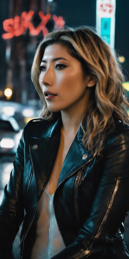 beautiful dichen_lachman as a cyberpunk detective, leather jacket, tank top, (cleavage:0.5), dichen_lachman, (highly detailed:1.2),(best quality:1.2),(8k:1.2),sharp focus,(subsurface scattering:1.1),award-winning photograph,professional portrait photography,(close shot:1.2), rainy futuristic city street at midnight,neon signs,(very detailed background:1.2),(futuristic sci-fi:1.1), analog style, modelshoot style, dramatic lighting, by artgerm wlop annie leibovitz jeffrey simpson jock sturges greg rutkowski, <lora:dichen_lachman_sdxl_2500:0.8>