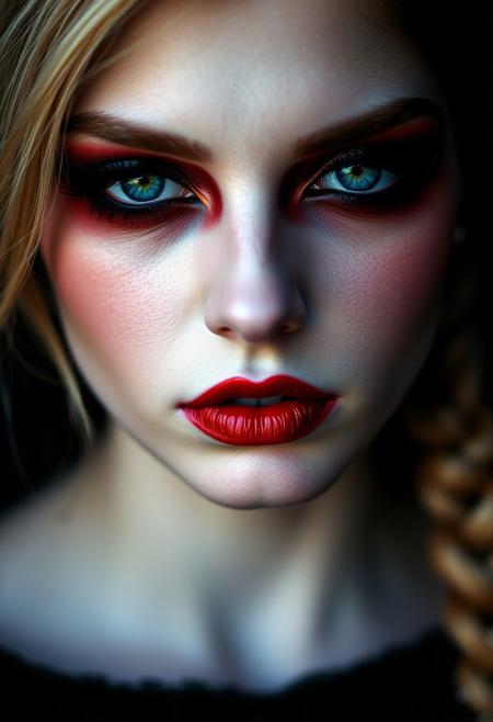 masterpieces, close-portrait, female, makeup, pale skin, blonde hair, braided hairstyle, mysterious, red black make-up, glossy blue eyes,best quality,masterpiece