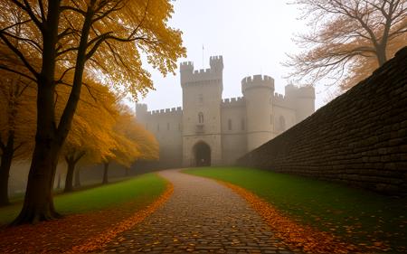 ,A misty autumn morning at Cardiff Castle, with golden leaves scattered on the cobblestone path, the ancient stone walls partially obscured by fog, and the surrounding gardens awash in warm hues, creating a serene and enchanting atmosphere,, sweeping landscapes, unique perspectives, epic scale, revealing hidden beauty, showcasing vastness, immersive experience, precise compositions, expert piloting, dynamic angles, cinematic storytelling, showcasing natural wonders, aerial exploration