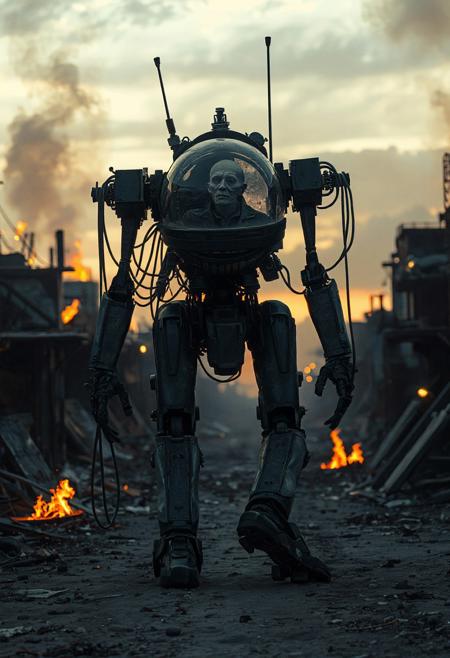 It is dawn. Various fires light up the area. an action filled movie shot of a tall walking mecha robot with a lot of dangling cables and visible machinery in a broken urban setting. The robot has a backpack with a glass dome. Inside the dome is the withered remains of an old human. The human is used to power the robot and is connected with cables. realistic, the robot is engaged in warfare, combat, sitting in a combat position with one knee up and one hand on the ground. 4k, futuristic, fallout-inspired, Retrofuturism, atomic-punk