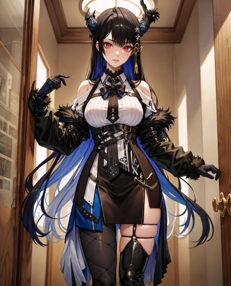 <lora:nerissa_ravencroft_v7-1-000028:1>
(official art),
1girl, solo, standing, cowboy shot, looking at viewer, 
(asymmetrical horns), horns, demon horns, red eyes, slit pupils, mole under eye, black hair, blue hair, two-tone hair, long hair, [hair ornament], large breasts, wide hips,
black ribbon, bare shoulders, fur-trimmed sleeves, fur trim, collared shirt, (white shirt), gloves, (vertical striped shirt), (miniskirt:1.1), belt, multiple belts,
(asymmetrical legwear:1.2), pantyhose, 
indoors, (cafe), window, sunset