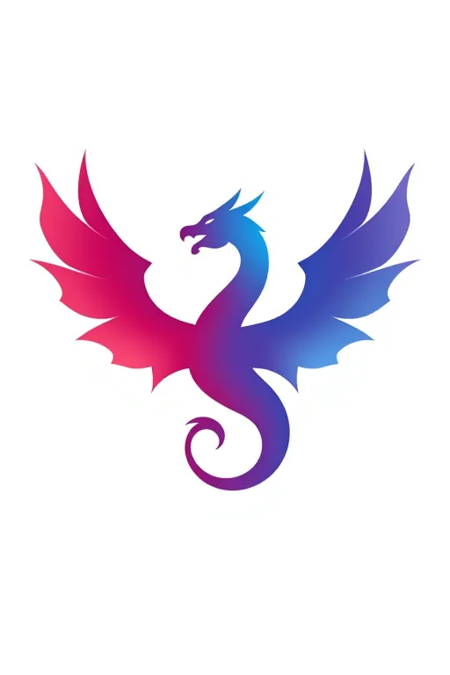 simple symmetrical dragon logo, wings spread, abstract, with purple, red, bright blue gradient, logo design, modern, 8k, close-up, white background