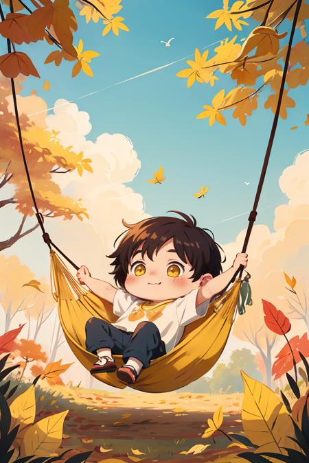 (chibi:1.2),Draw a boy swinging in a hammock,Birds nearby,Praise Artstyle,Lofi art,animeaesthetic,autumnal,Sunnyday,On a sunny day,Yellow leaves and meadows,Yellow fruits grow on trees,lofi feel,on a bright day,High-quality fanart,autumnal,Yellow leaves,<lora:GoodHands-beta2:1>,