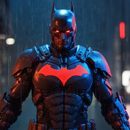 professional 3d model of  <lora:batman cyborg:1>
batman cyborg a man in a cyborg exoskeleton costume standing in the rain with glowing red eyes in the year 2042, octane render, highly detailed, volumetric, dramatic lighting