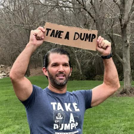 <lora:Donald Trump Jr. -(Trigger is Donjr Person):.8>donjr person (holding a sign that says, "Take a Dump":1.5)