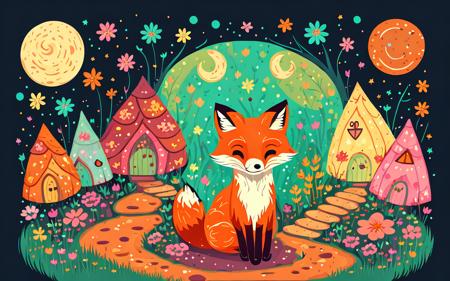 vector art of a lone cute happy fox in a fairy garden, flowers, sparkles, colorful, warm, fairy huts