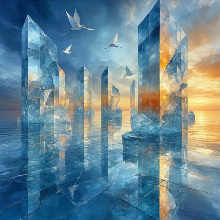 A fractured waterfront dissolves into crystalline geometry under a cubist sky, amber and saffron prisms refracting liquid light across cerulean planes. Low-angle perspective amplifies the surreal scale: jagged glass-like facets cascade toward a razor-thin horizon, converging at a focal point where angular structures mimic icebergs in a still, metallic sea. Picasso’s fractured forms merge with Mondrian’s minimalism; sharp shadows carve honeycombed textures into matte surfaces, while translucent blues bleed into citrus hues like watercolor on steel. Ethereal tranquility hums through the air, a shimmering heat haze blurring edges, with ghostly origami cranes hidden in the geometry—silent, symbolic, suspended between dimension and dream.