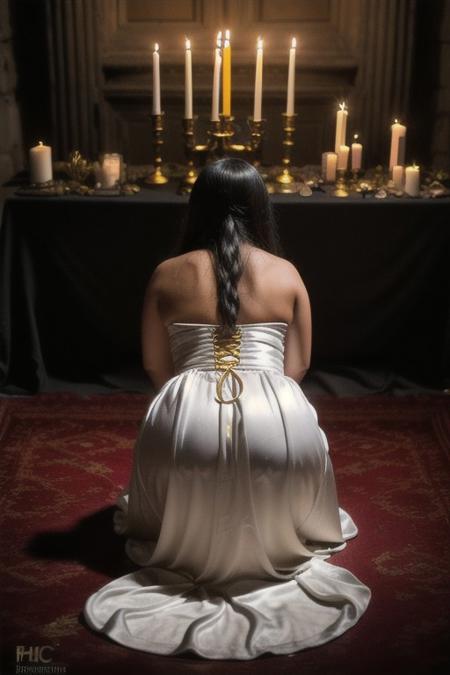 RAW photo, 8k uhd, dslr, high quality, ultra-realistic, realistic, realism, film grain, Fujifilm XT3.
View from behind, dark gothic-room lit by candles•ancient stone alter•golden chalice•blood spilling out.
1woman wearing a (satin white dress)•voluptuous body•kneeling•worshiping
