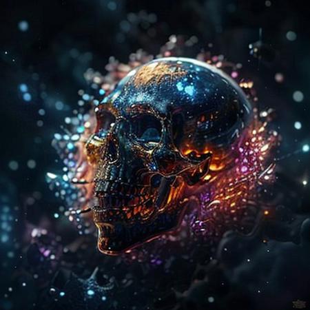 In the vast emptiness of the interstellar void, blue crystal skull omnipotent deities from separate dimensions collide. The Creator, a deity whose face is an ever-evolving canvas of galaxies and life, wields the power of creation, bringing forth stars, planets, and life forms with a wave of their hand. Opposite them stands the Destroyer, a god whose face is a shifting visage of decay and entropy, wielding the power of destruction, disintegrating celestial bodies and extinguishing stars. The clash of creation and destruction is a cosmic spectacle, with galaxies being born and dying in the wake of their unimaginable powers. highest quality, enhanced quality, creative, beautiful, vibrant, masterpiece, 8k, amazing details, amazing quality, amazing artist, sharp edges, detailed textures, full view, atmospheric lighting, amazing visuals, crystals fantasy, crystals, crystal, bg_imgs, cry5t415ku11, side view,