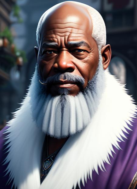 (extremely detailed CG unity 8k wallpaper),(masterpiece), (best quality), (face portrait of:1.4) an old african wizard bald with white and grey short beard (high detailed realistic african beard), Morgan Freeman:1.21, city street, fantasy empire, Style-Glorious,  crowd, lots of plants, purple flags, godrays warm colors, hyperrealistic, , detailed background, ultra detailed by greg rutkowski KSM-style