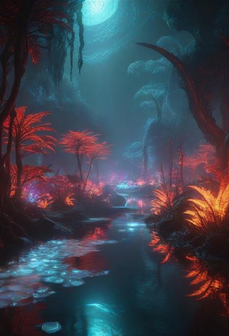 Ultrarealistic. sharp focus, dynamic lighting. play of light, reflection, refraction, Raytracing, Ultra detailed. Alien themed. Alien scenery. alien scenery background. alienworld. An alien fire dragon surrounded by ice.enchanting, cosmic, celestial, ethereal, vibrant flora, magical, luminous, serene, dreamy, radiant, bioluminescent, intricate details, surreal, enchanted forest