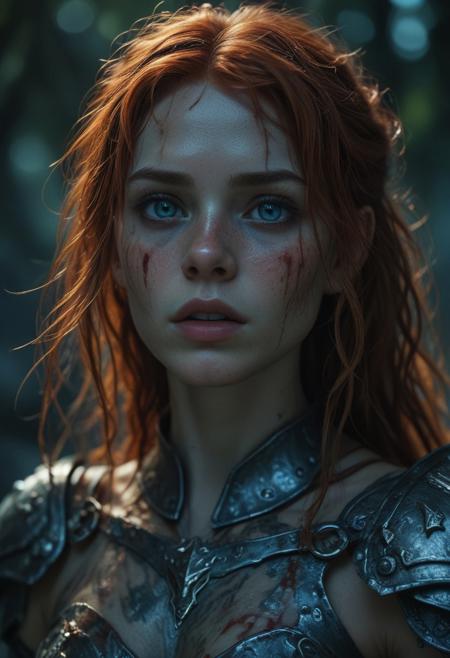 Ultra detailed digital art masterpiece Warrior girl dressed in a iron Armor, Standing on a battlefield at the head of an army of knights, where a bloody slaughter is taking place, standing in battle pose, a dark epic fantasy, perfect lighting, beautiful  Sadie Sink as Warrior girl, attractive woman, elegant, sinewy athletic body, unreal engine 5 nanite quality, mixed with dark elements, dark environment, very stormy night, clean dark velour witch clothing, LOTR style, dark washed out eyeliner, no make up, natural bloody face, realistic blue eyes, ultra detailed atmospheric details, beautiful glowing effects, sparkle effects, realistic body proportions, beautiful face proportions, complex masterpiece, wavy red hair, creative glowing detailed tattoos, complex physics, enhanced colors, complimentary colors, ultra detailed raytracing reflections, Ultra detailed complex background, environment feels alive, direct eye contact, dramatic lighting, wet and sweaty skin, beautiful firm Breasts, Concept art portrait by Greg Rutkowski, adding to the intense and dynamic atmosphere of the scene.