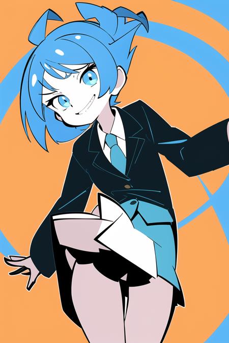 1girl, blue hair, short hair, from below,  jumping, dynamic pose,  suit , miniskirt, smirk, 
<lora:ThePinkPirate-22:0.9>, flat color, wide-eyed,