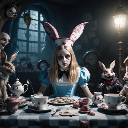 heavy nightmare Version of alice in Wonderland filled with creatres from the story, photorealism, fantasy,  horror lighting, dynamic lighting, very high detailed