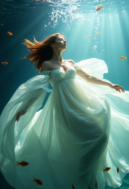 The image depicts a Woman wearing a billowing white dress that floats around her, creating an ethereal effect. The lighting in the image gives it a serene and dreamlike quality, with beams of light filtering through the water, illuminating particles and casting an overall glow on the scene. underwater biome and small orange fishes surround them.