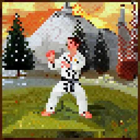 64x 64y, pointer, the main fighter from the game international karate is in a fighting pose, flame particles, snowy landscape with pine trees and a foggy cathedral in the background, silent hill fog