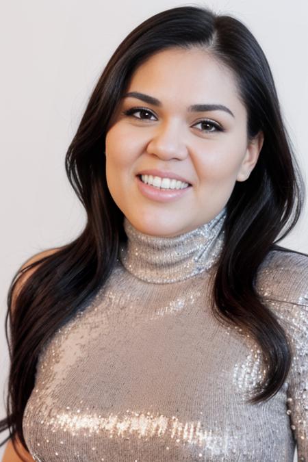 HD photo of beautiful mshn_oliviaolovely in a silver sequin turtleneck, closeup, smiling