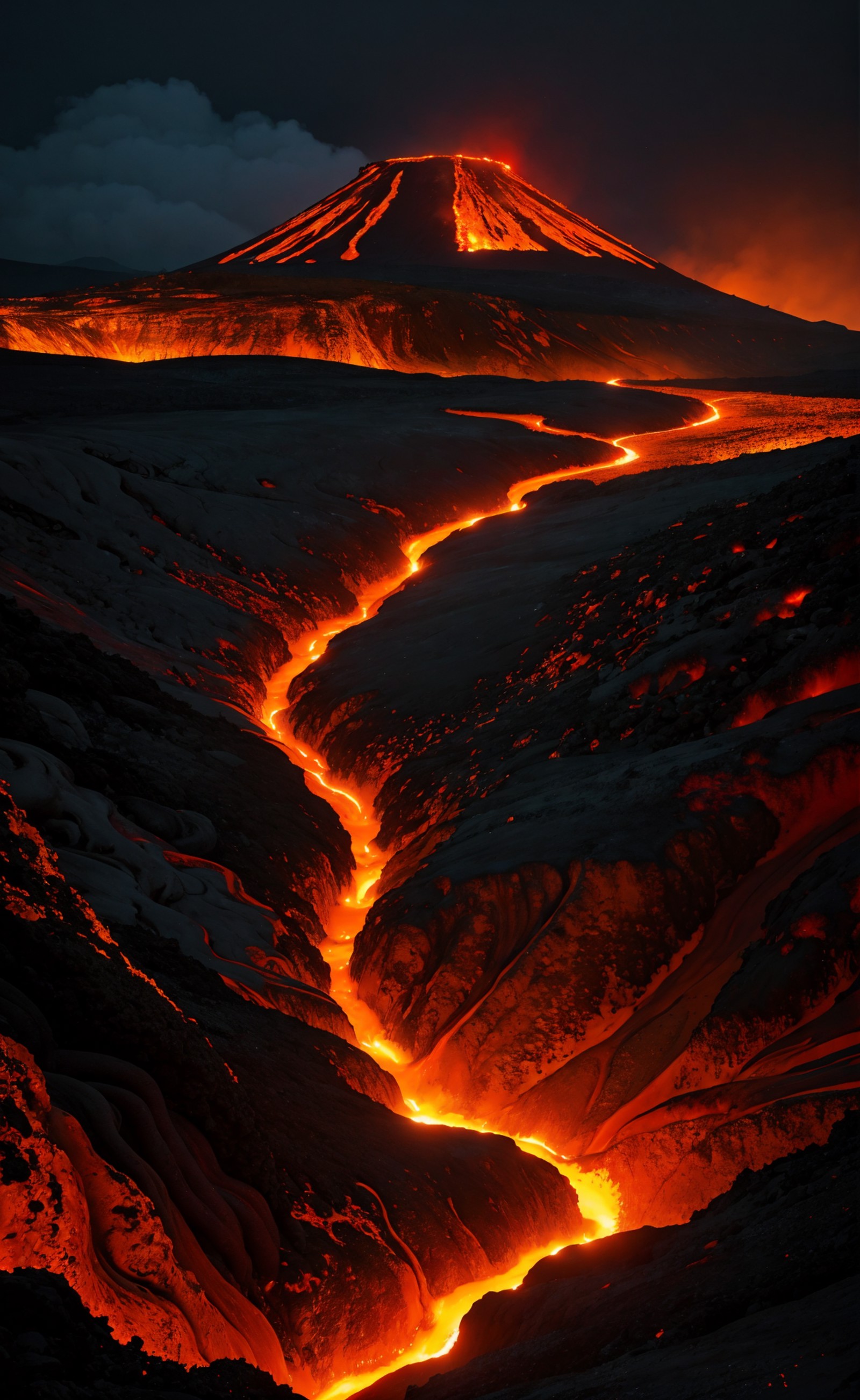 Spectacular, volcanic landscape, billowing smoke, fiery lava, molten rivers, glowing night, 9:16 vertical capture, apocaly...