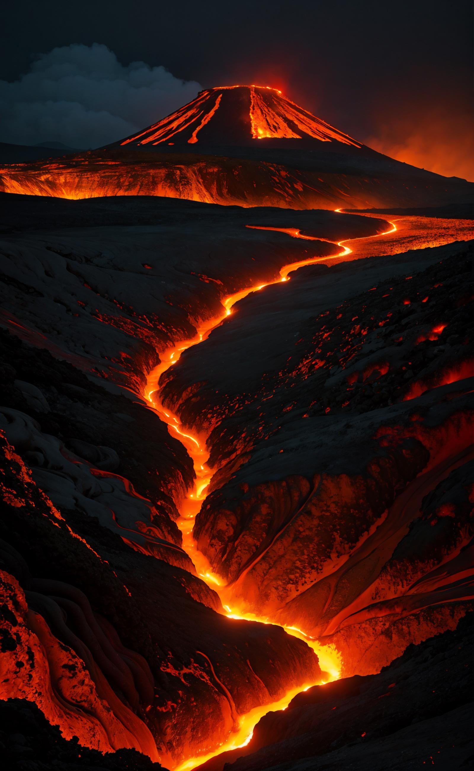 A Stunning Nighttime View of a Mountain with a Red Lava Stream