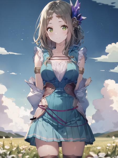 1girl, solo, masterpiece, best quality, charfirisnorm, upper body, standing, looking at viewer, closed mouth, hair ornament, circlet, arms behind back, field, cloudy sky,  <lora:firisv1i-000014:0.8>