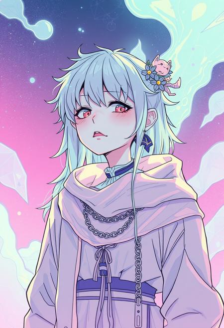 Illustrate a character from a ethereal vaporwave world, incorporating elements of ethereal vaporwave into their design and showing the intricate details of their appearance and attire, apprehension, restlessness, worry, fear, racing thoughts, tension, nervousness