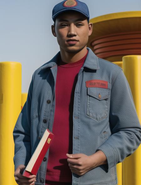 masterpiece, best quality,
solo, 1boy, 
realistic, blue jacket and red shirt,
with a red book in his hand,
standing under the sun
<lora:EarlyChinesePoster:0.9>,