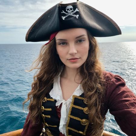 Skin Texture, Instagram iPhone Portrait photo of a woman wearing a pirate outfit on the open seas, Nikon Z9, (sharp focus), (high quality),  , <lora:asmrdarling_xl_2_standard_merger_21_51_055_045:1>