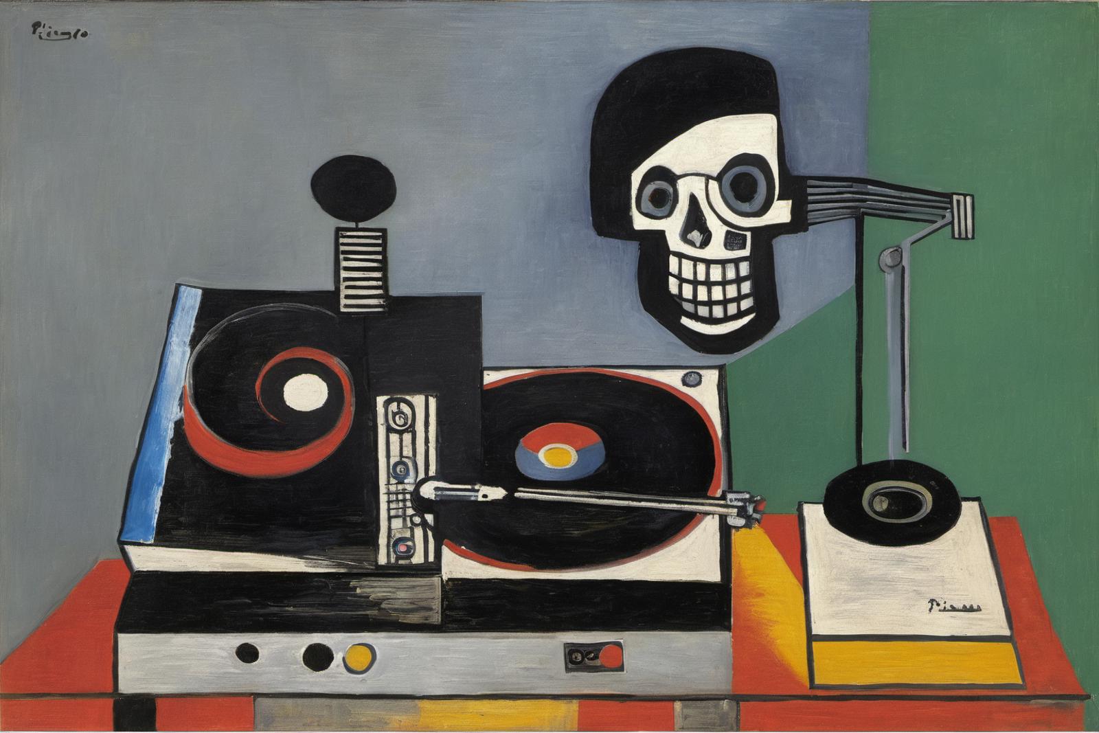 A painting of a record player, turntable, and skull with glasses on it.