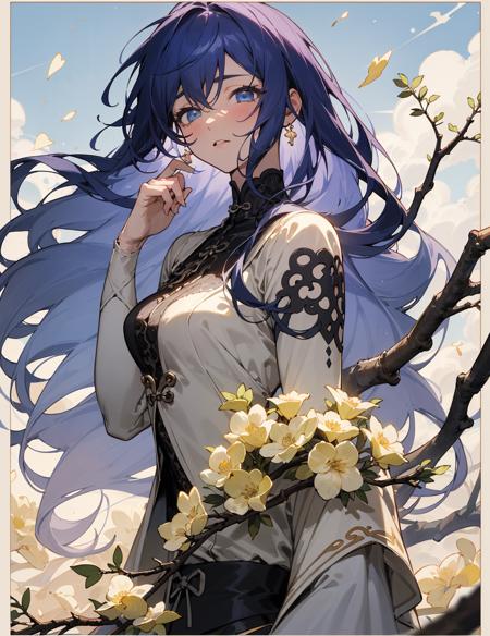 super fine illustration,masterpiece, best quality,{beautiful detailed eyes},1girl,finely detail,Depth of field, 4k wallpaper,bluesky,cumulus,wind,insanely detailed frills,extremely detailed lace,BLUE SKY,1girl,moqingxian,There are many scattered luminous petals,Hidden in the light yellow flowers,Depth of field,Many flying drops of water,Many scattered leaves,branch ,angle ,contour deepening,cinematic angle ,{{{Classic decorative border}}}, <lora:moqingxian-000016:1>, beautiful and aesthetic, intricate light, manga and anime