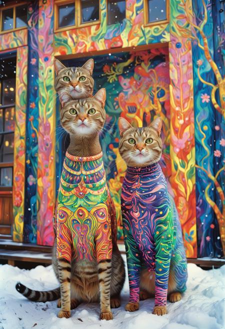 PsychadelicChaos, absurdres, high resolution, detailed, stylized by Natalia Goncharova and Henri Rousseau, photograph, In a whimsical and surreal world, two animals psychadeliced in vibrant colors and psychadeliced in neon-colored clothing stand side by side in front of a large wooden building. The Japanese tabby Cat, psychadeliced in the same outfit, is psychadeliced in the same style as the American Lobbie Cat, Snowy, Cosy, Psychedelic Art, Short exposure, Kodak gold 200, Depth of field 270mm, <lora:Upgraders\Detail Tweaker XL:1.0>, <lora:Challenge\aidmaPsychadelicChaosWorldMorphXL-V0.1:1.0>