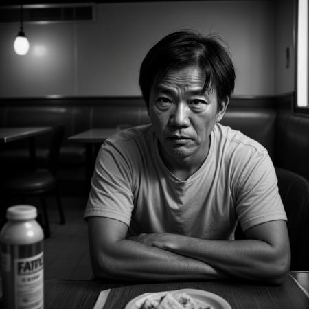 Gritty Portrait Photo of a weary,rugged individual sitting in a sparse,nondescript diner,his eyes betraying a sense of resigned acceptance,illuminated by the stark,fluorescent light overhead,from a close-up perspective,showcasing the film's exploration of fate,inevitability,and the changing nature of the world,<lora:more_details:0.7>,<lora:picxer_real:0.7>,asian face,aged up,