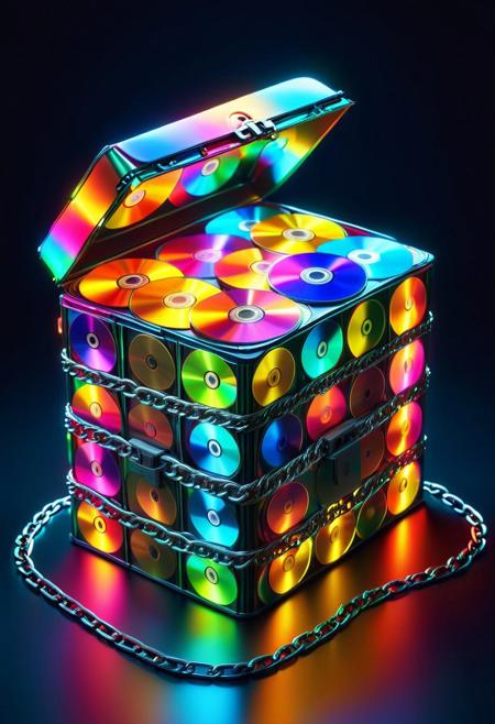 CD Repeat, Masterpiece, best quality, amazing quality, absurd, latest, volumetric lighting, UHD, SFW, vibrant colors, neon, vivid colors, chain made of cd's, wrapped around an old jutebox in a forgotten dinner, exquisite detail, digital art, realistic, highly detail, beautiful, surreal, dramatic, No_Humans,