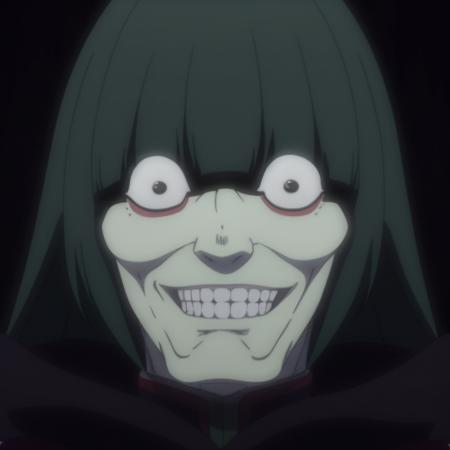 best quality, highres, ultra-detailed, <lora:Petelgeuse:0.7>, Petelgeuse, dark robe, 1boy, bangs, green hair, teeth, solo, wide-eyed,  happy, smile,   (long hair:1.2)