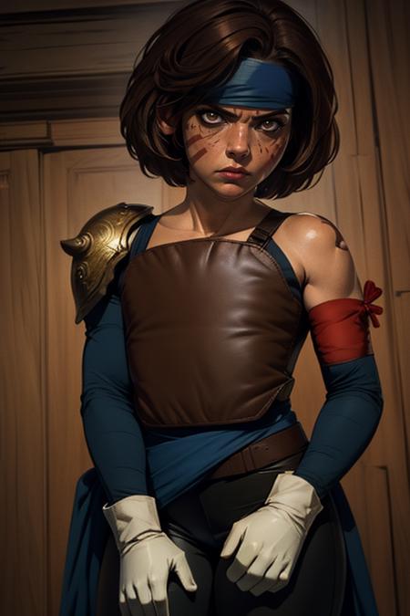 Smellerbee,short brown hair, red facial mark, brown eyes, eyeliner, mean look, closed mouth,  toned,  standing, cowboy shot,  closed fist,
SmelAtt,dark blue headband,(white gloves),leather chest plate, single shoulder pad, red armband, pants, ,blue pelvic sash  
nighttime, near sea,
(insanely detailed, beautiful detailed face, masterpiece, best quality)  <lora:Smellerbee-10 v3:0.8>,