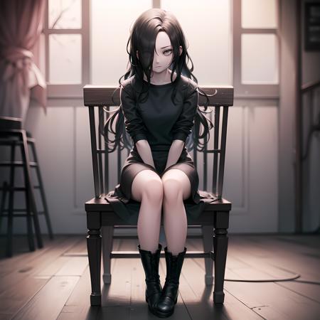 ((masterpiece, best quality)),(complex lighting),solo,1girl,full body, eveline, black dress, black hair, <lora:EvelineRE1:0.6>, boots, sleeves rolled up, hair over one eye,long hair, pale skin, sitting, on chair, grey eyes