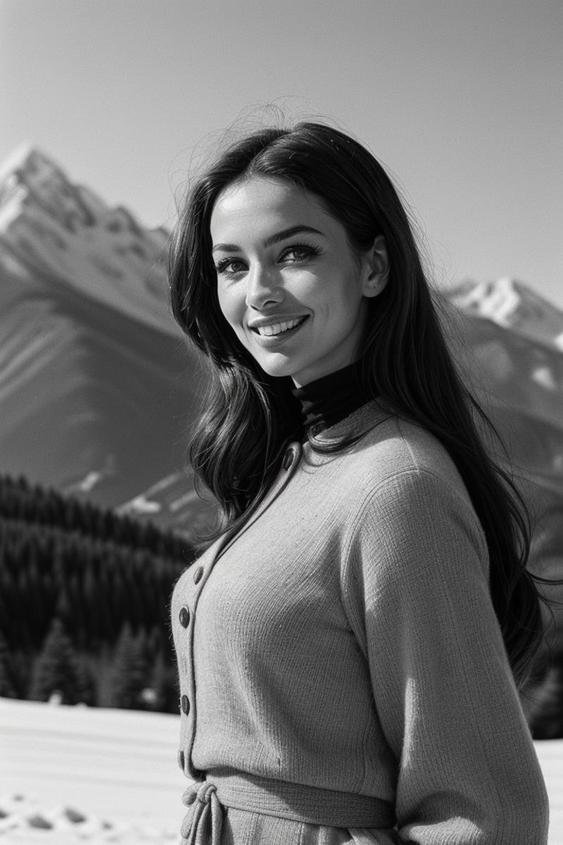 A beautiful brunette woman wearing a sweater posing in front of snowy mountains.