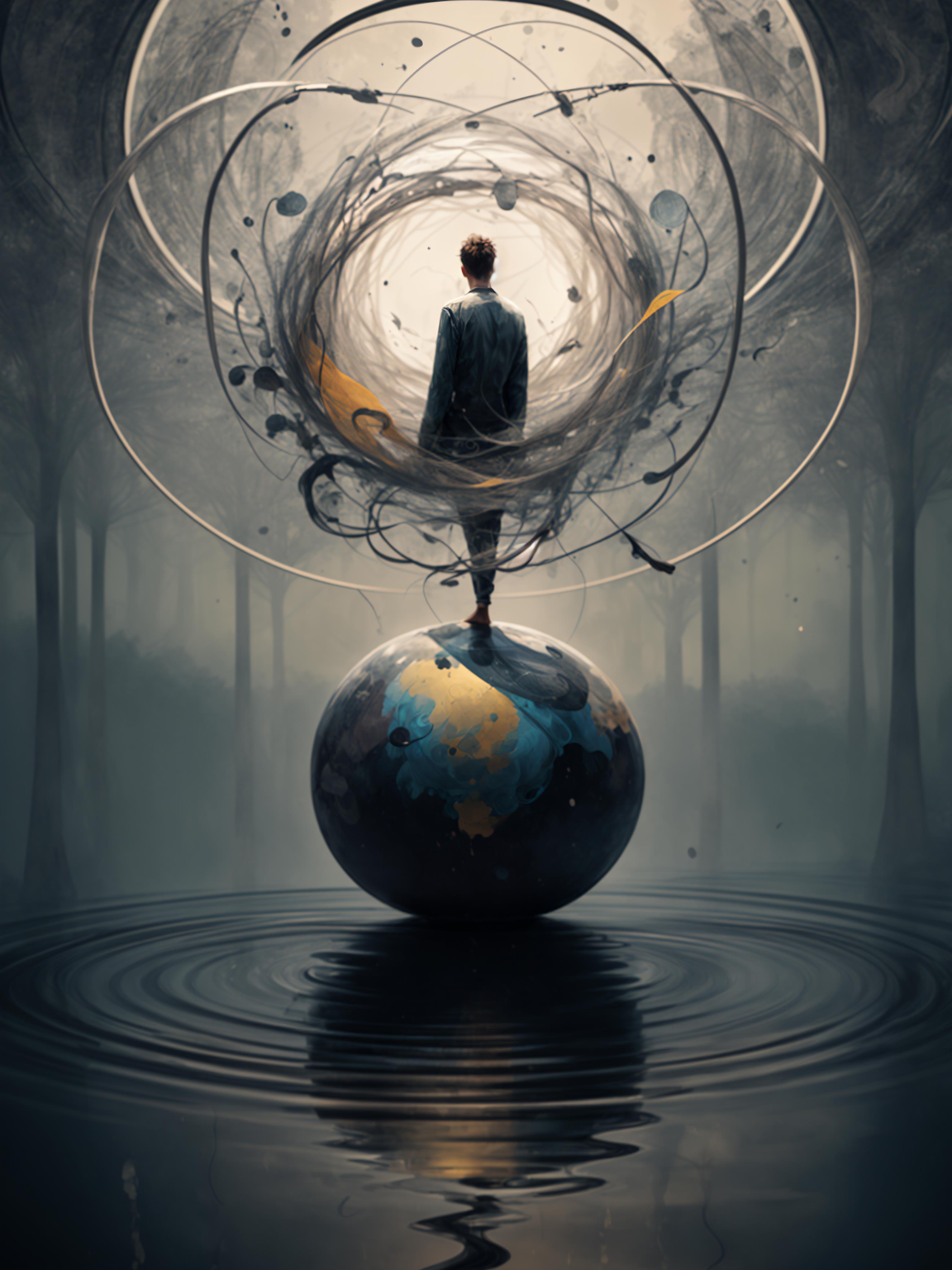 A man standing on a sphere with the earth in the background.
