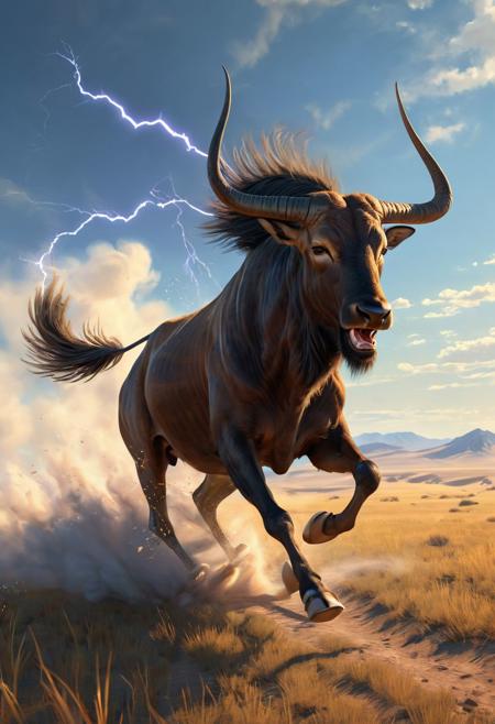 Realistic painting of a male wildebeest galloping powerfully across a vast steppe, with dynamic ray tracing capturing the sunlight filtering through an expansive sky, by artists inspired by the detail and lifelikeness of George Stubbs and the dynamic compositions of Frederic Remington, cinematic composition, trending on ArtStation
BadDream, anzhcdreamwave, aesthetic, glowneon, glowing, sparks, lightning, cloven-hooves