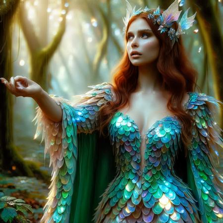 <lora:PinkieIriSclsSDXL:1>, p1nk1r1sc4l3s, 1girl, beautiful, elf, sorceress, wearing a cloak made of iridescent scales, sparkles around her fingertips as she casts a spell, magical, in a forest,