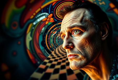 surreal, illusionary depth, tilted angles, dreamlike, psychedelic, subconscious artistry, extreme detail, HDR, Bokeh, UHD, portrait, dramatic lighting, famous artwork, Salvador Dali, M.C. Escher, optical illusion, vibrant colors, abstract, conceptual, otherworldly, trending on ArtStation, professional photograph, high quality