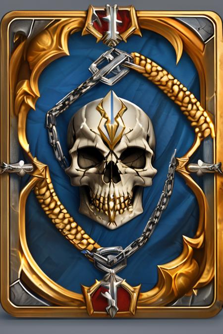 game_card,
Northrend, game_card, a skull with a cross on it's face and a chain around it's neck, with a blue background, chain, demon, evil, fabric, stone border, spikes, scrap iron,
(masterpiece:1.1), (best quality:1.1), <lora:hearthstone_3-000003:1>