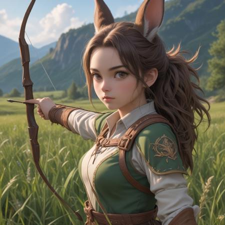Create a highly detailed, high-definition of a woman holding a bow and arrow, inspired by Yi Yuanji, Judy Hopps, Itō Seiu, and Júlíana Sveinsdóttir, with a focus on micro details and a scenic background of high grass.,micro details