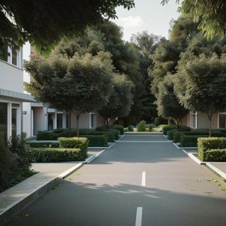 RAW photo of a residential complex of several buildings, surrounded by trees and roads, common garden, 1man, flower, bush, render, matte colored facade, entire building, wide shot, architectural view, 8k uhd, dslr, soft lighting, high quality, film grain, Fujifilm XT3,  <lora:lan_architecture_visualization:0.82>